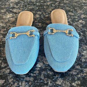 ARDENE MULES W GOLD BUCKLE BLUE DENIM COMFORT SIZE 8